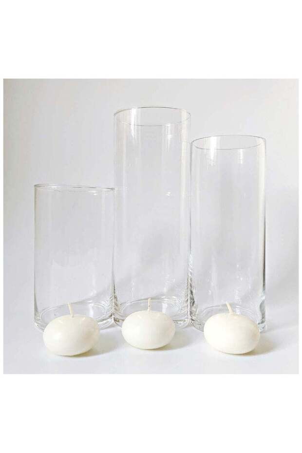 Set of 3 Glass Vases with 3 Ivory Floating Candles | elegant decorative cylinder vases for Mantle,
