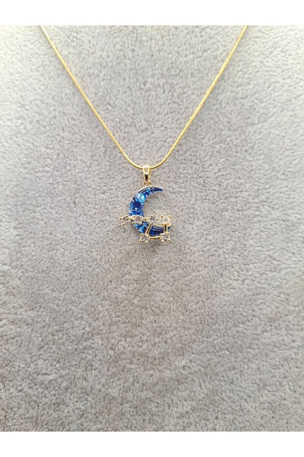 Gold Color Stone Team Star Blue Crescent Steel Necklace