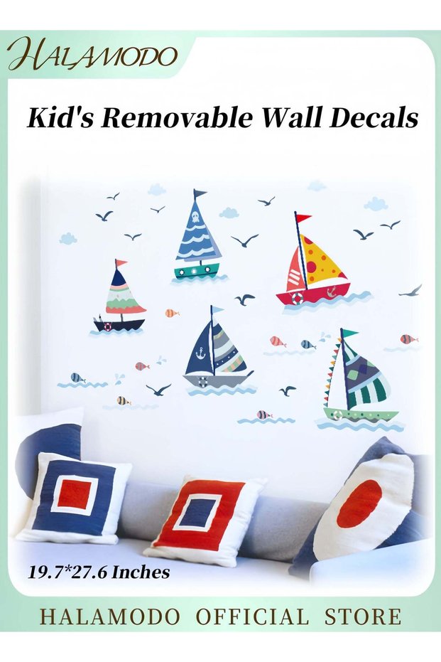 Kid's Removable Cartoon Wall Decals Seagull Sailboat Wall Stickers Small Fish Wall Decor Self-Adhes