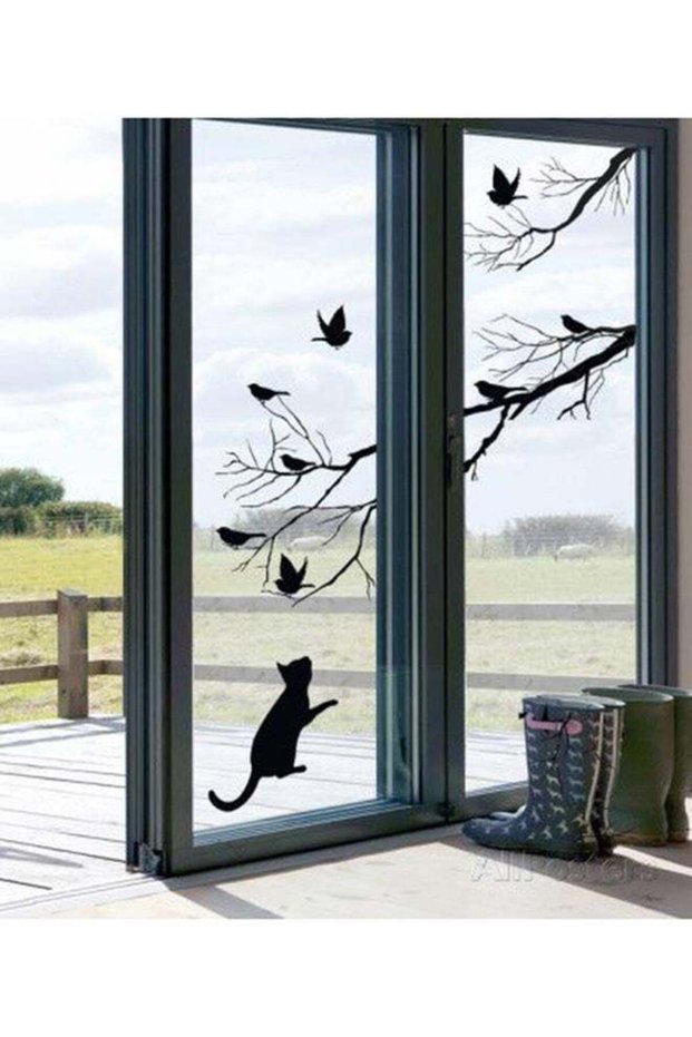 Branch Of A Tree And Kitten Wall Sticker Black 100x90cm