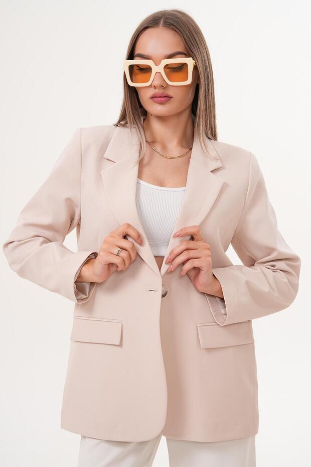 Kadın Tek Düğme Çift Cepli Blazer Ceket 255258 - - 1