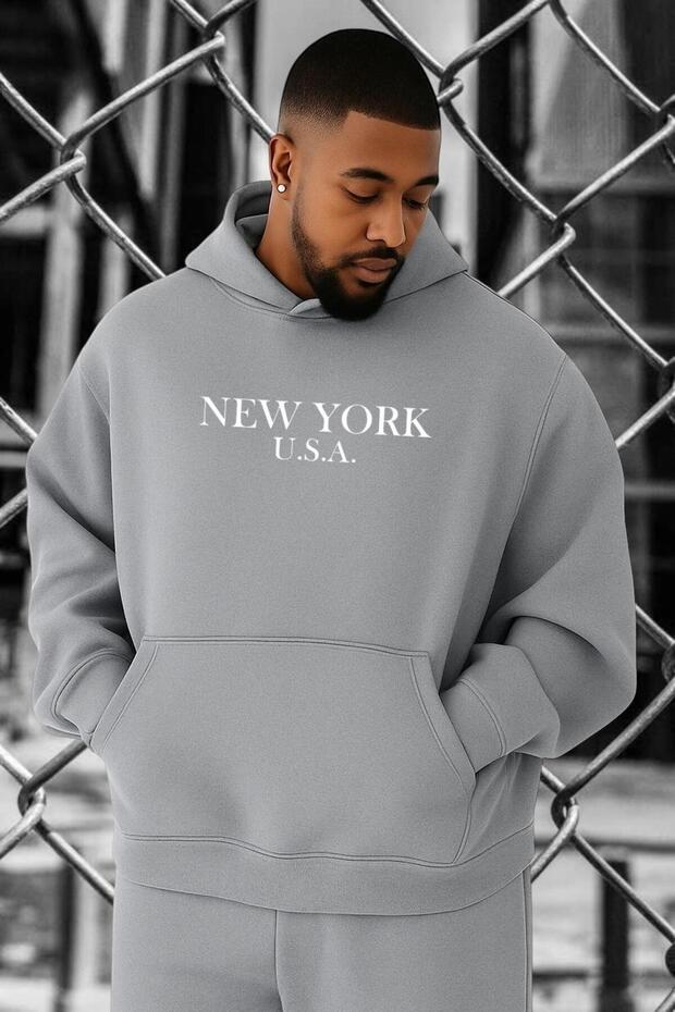 3 Yarn Combed Cotton New York Printed Large Size Sweatshirt Mq4