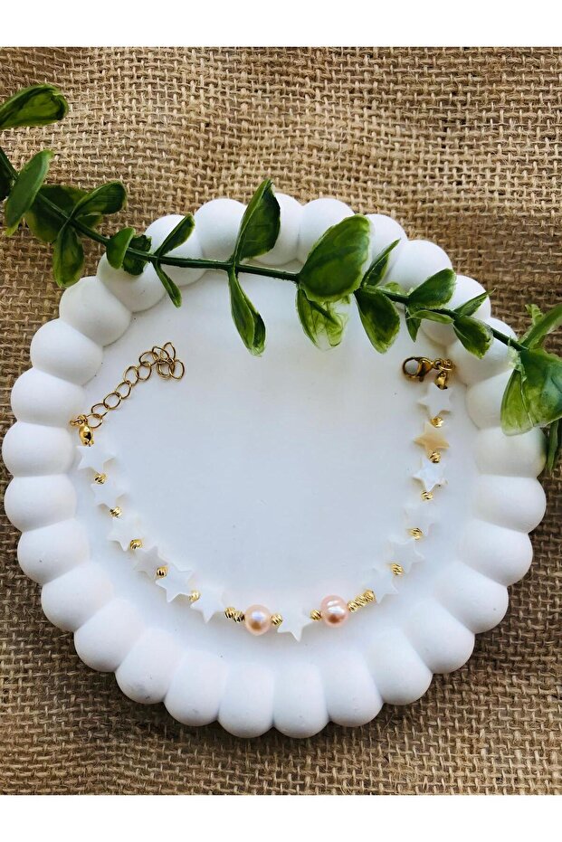 Real Salmon Pearl Star Stone Steel Anklet