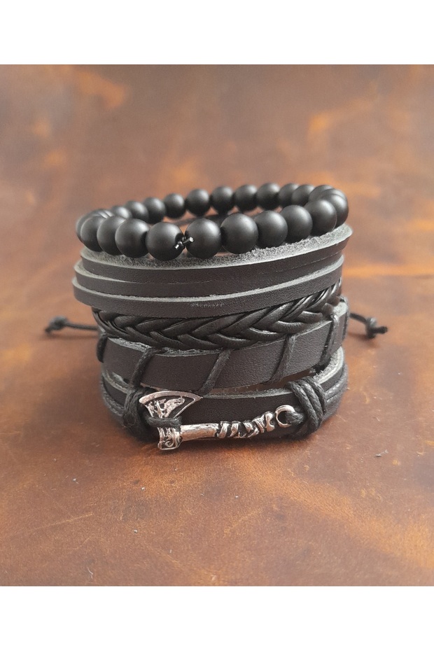 5-Piece Men's Bracelet Ax Figure Genuine Leather Bracelet Onyx Bead Bracelet