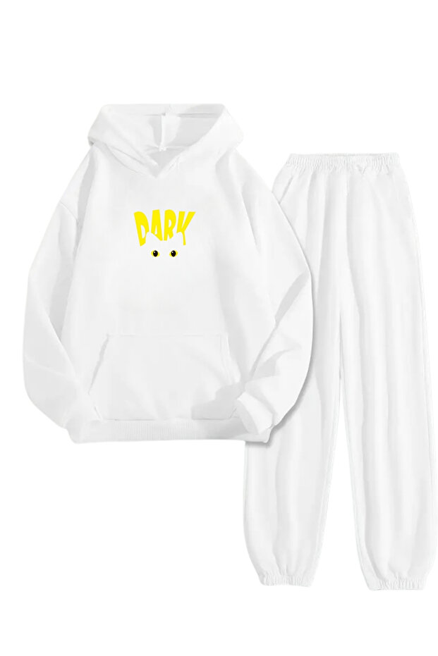 White Tracksuit Set – Dark Cat Printed, Hooded Sweatshirt and Jogger Pants