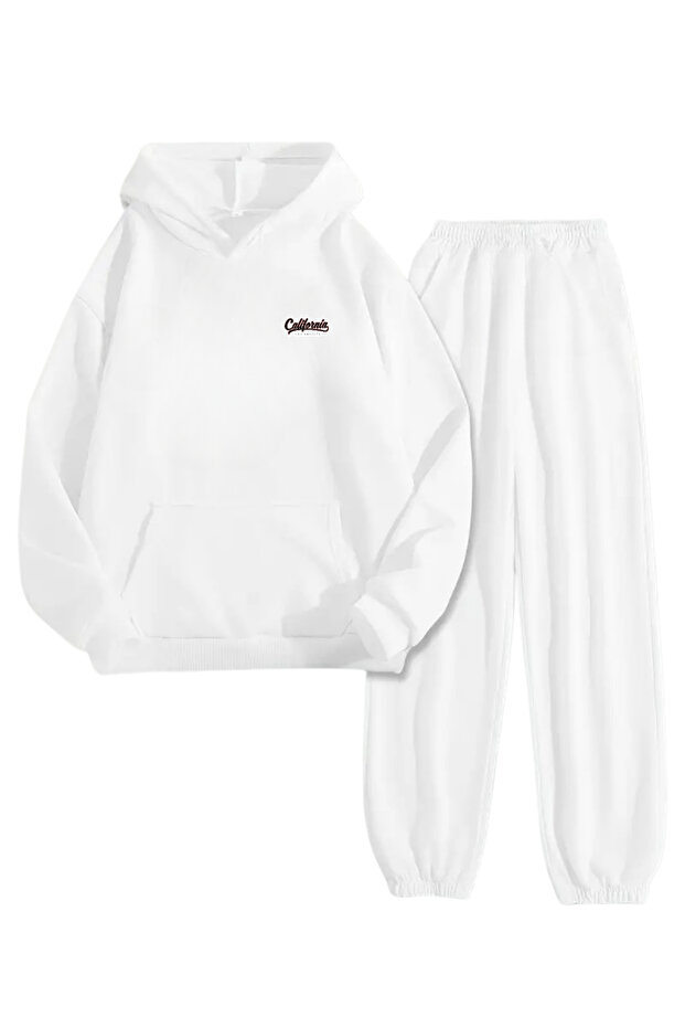 White Tracksuit Set – Minimal California Printed, Hooded Sweatshirt and Jogger Pants