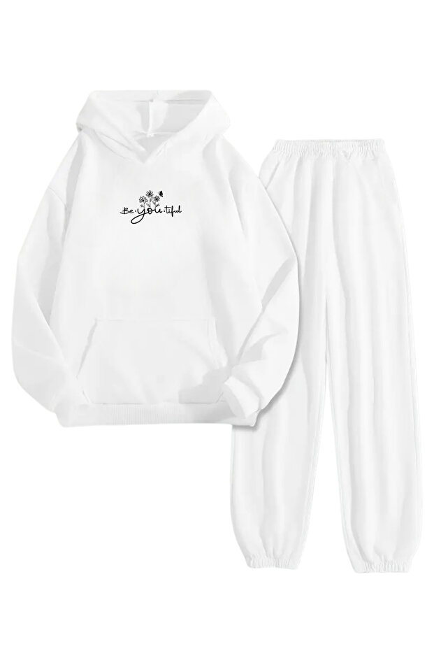 White Tracksuit Set – Beyoutiful Printed, Hooded Sweatshirt and Jogger Pants