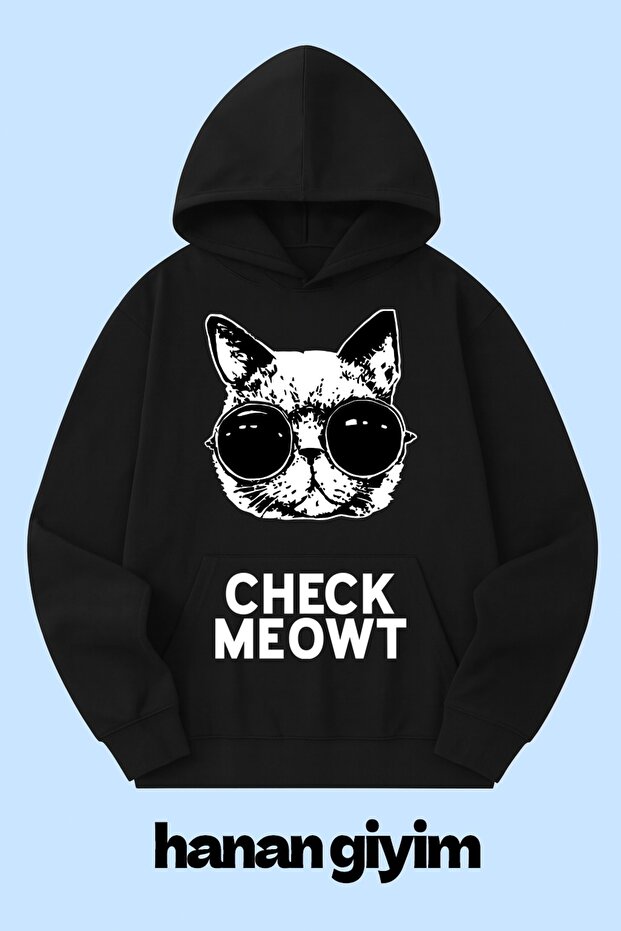 COPY - سويت شيرت مطبوع عليه "Check Meowt" بقلنسوة للجنسين