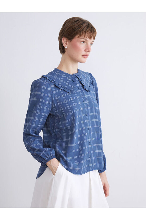 Lacivert Bebe Yaka Ekose Modal Karışımlı Kadın Gömlek - 1