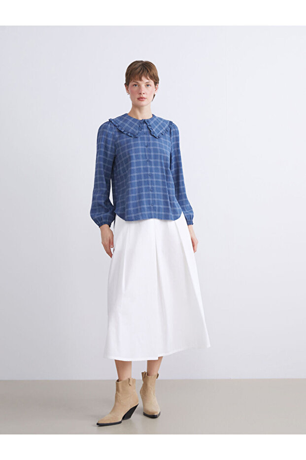 Lacivert Bebe Yaka Ekose Modal Karışımlı Kadın Gömlek - 2