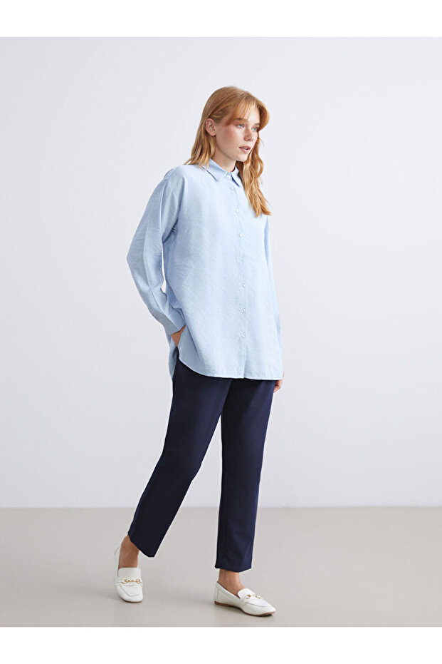 Mavi Oversize Modal Karışımlı Kadın Gömlek Tunik - 4