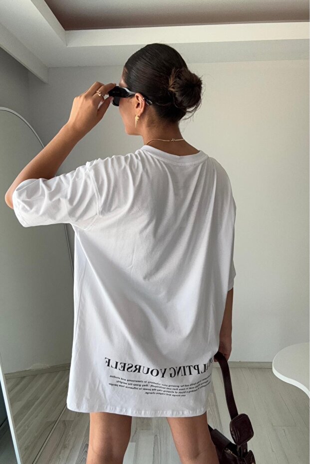 Beyaz Oversize Baskılı Basic Tişört – Cles Couture - 1
