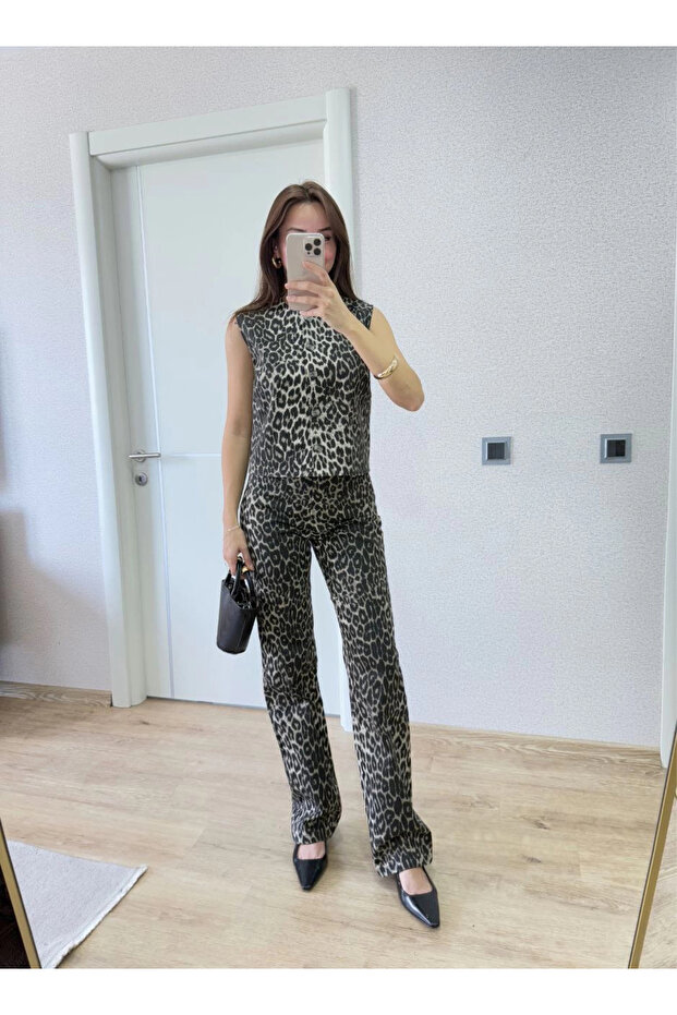 Bluză cu nasturi cu imprimeu leopard Pantaloni Set dublu -Leopard - 6
