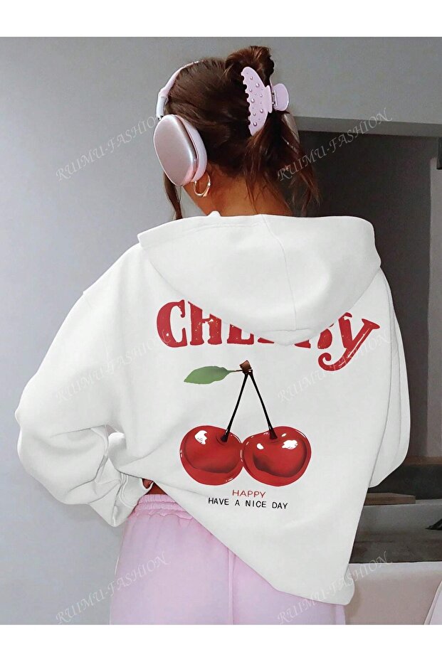 Cherry Baskılı Kapüşonlu Oversize Sweatshirt - 4