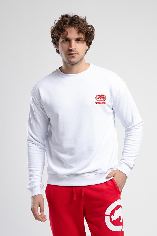 Eastside White Crew Neck Embroidered Loose Fit Men's Sweatshirt