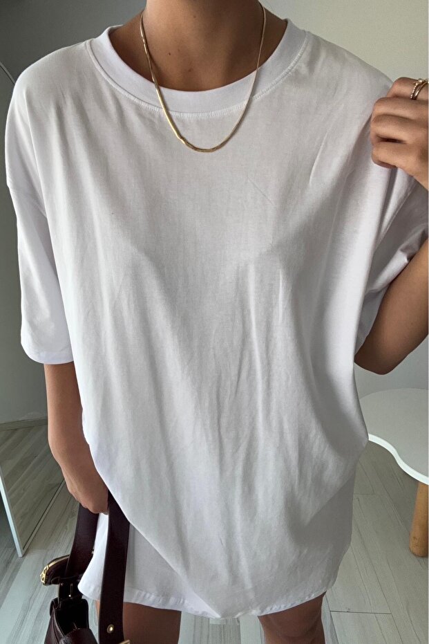 Beyaz Oversize Baskılı Basic Tişört – Cles Couture - 4