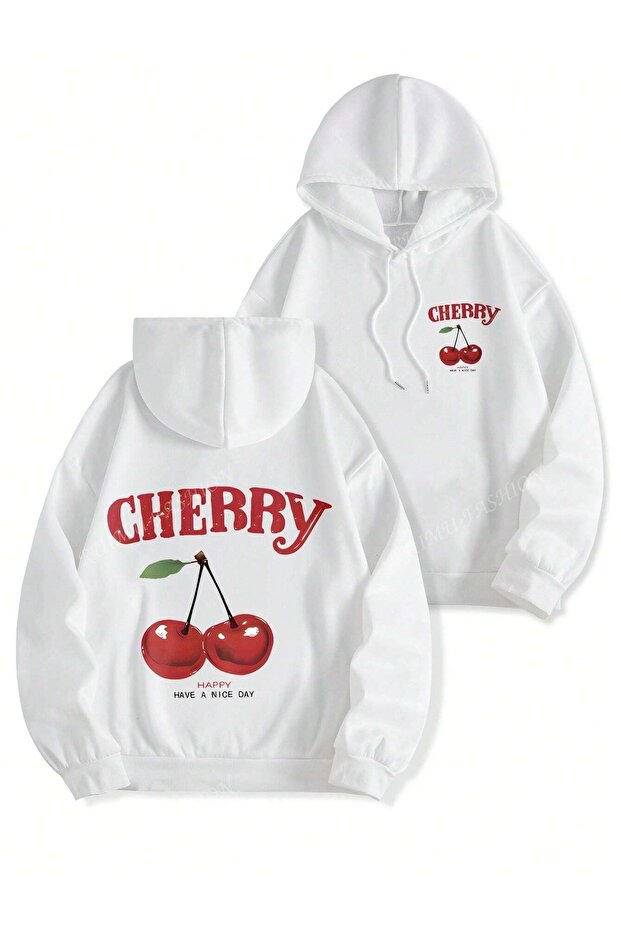 Cherry Baskılı Kapüşonlu Oversize Sweatshirt - 1