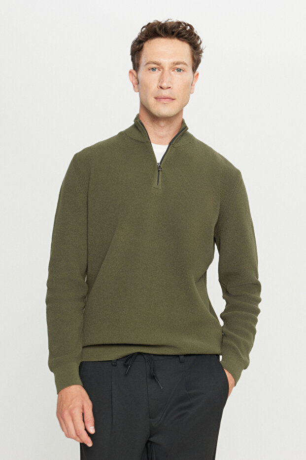 Men's Khaki Cotton Zippered Bato Collar Jacquard Standard Fit Regular Cut Knitwear Sweater