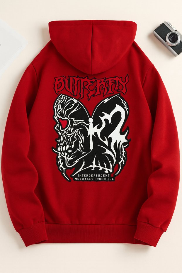 Oversize 3 Thread Hooded Butterfly Patterned Unisex Sweatshirt