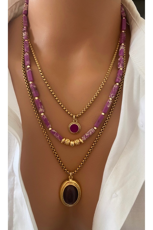 Set of Three Necklaces Steel Chain Natural Stone Purple Variscite Multiple Necklaces Women's Hypoallergenic Special Design Mother Lover Gift in a Box
