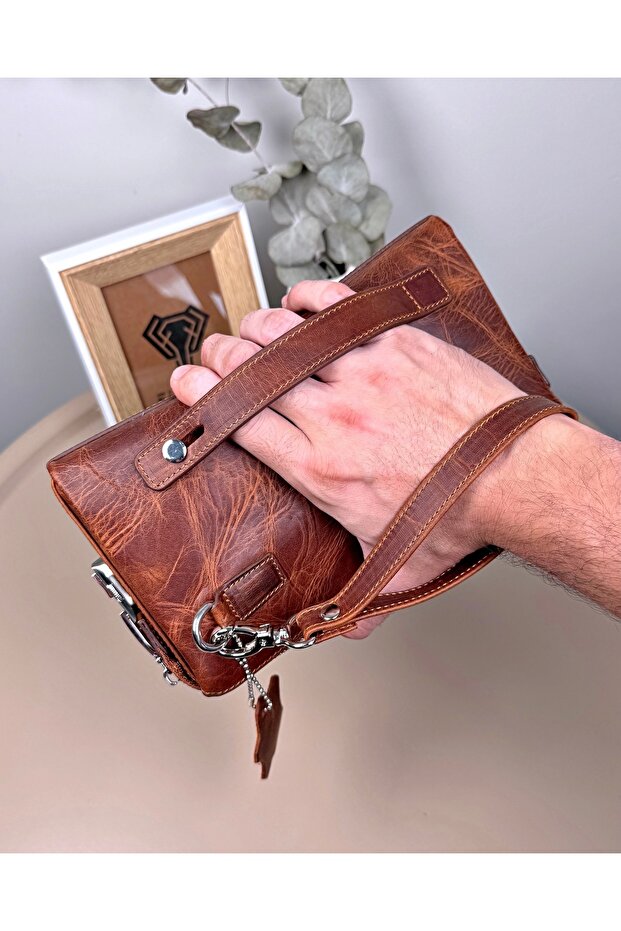Genuine Leather Combination Zipper Handbag Brown Color 2105