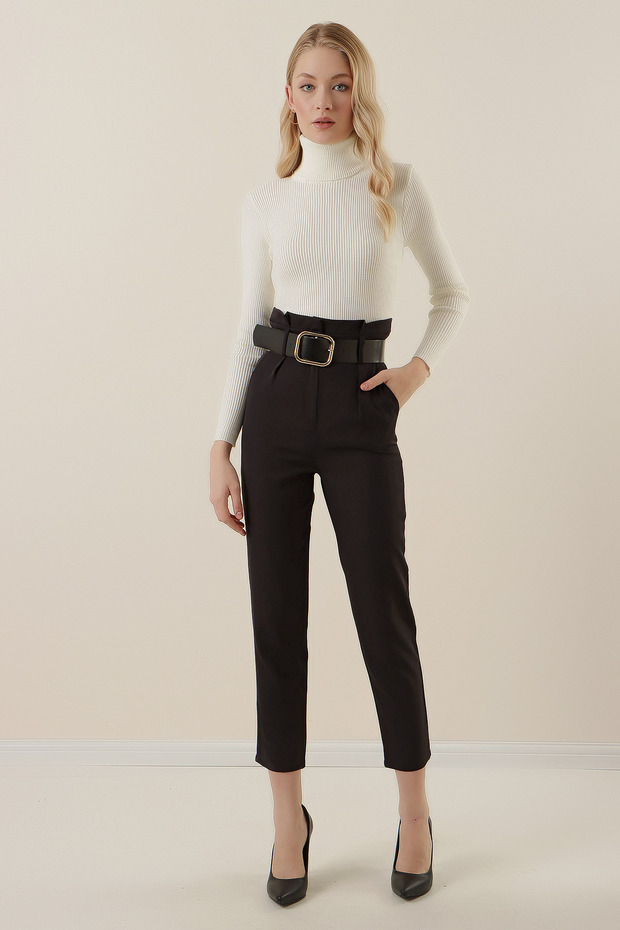 Women's Belted Fabric Trousers Black 1256