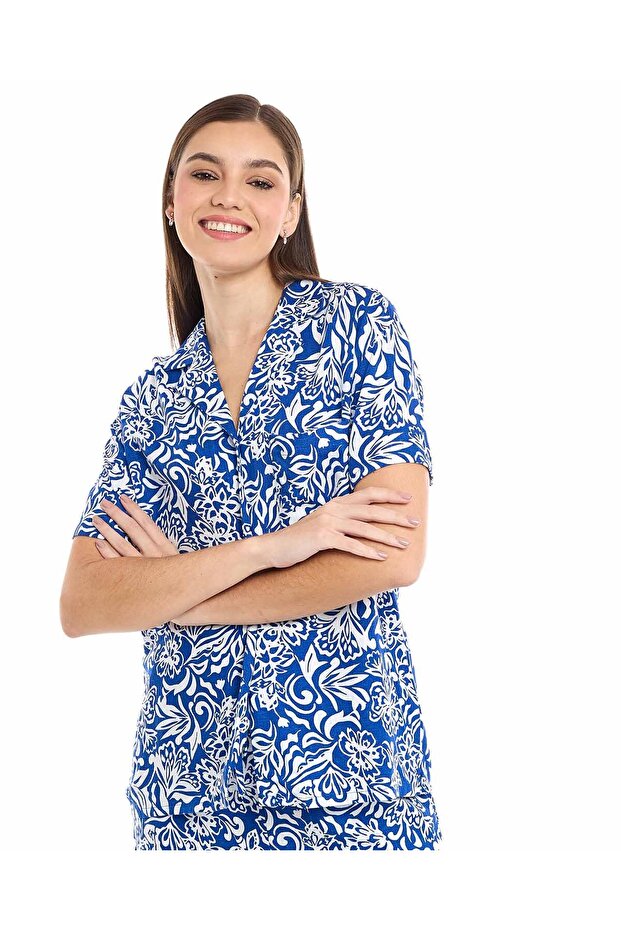 Patterned Shirt with Lapel Collar and Short Sleeves