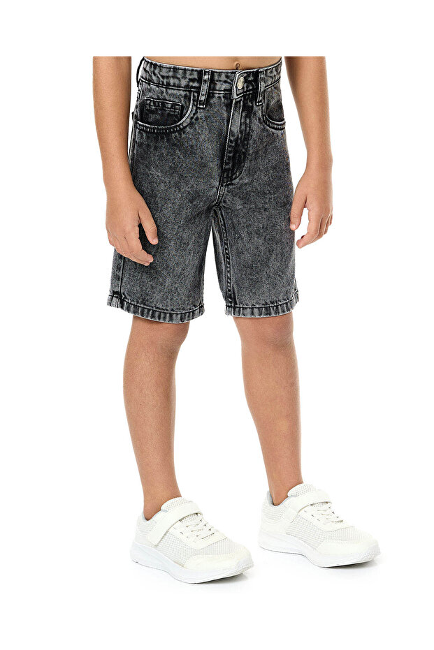 Washed Denim Shorts with Button Closure - 3