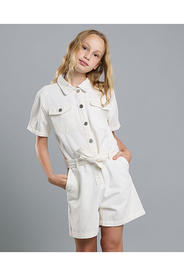 Solid Rompers with Shirt Collar and Short Sleeves