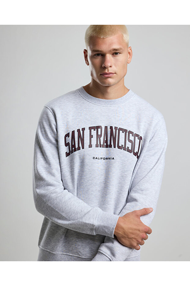 Typography Print Sweatshirt with Crew Neck and Long Sleeves