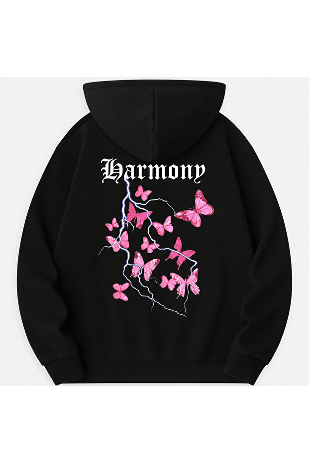 Oversize 3 Thread Hooded Harmony Butterfly Printed Unisex Sweatshirt