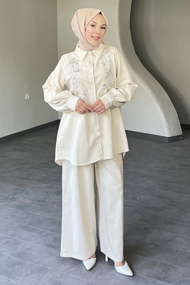 Women's Embroidered Linen Plus Size Double Suit