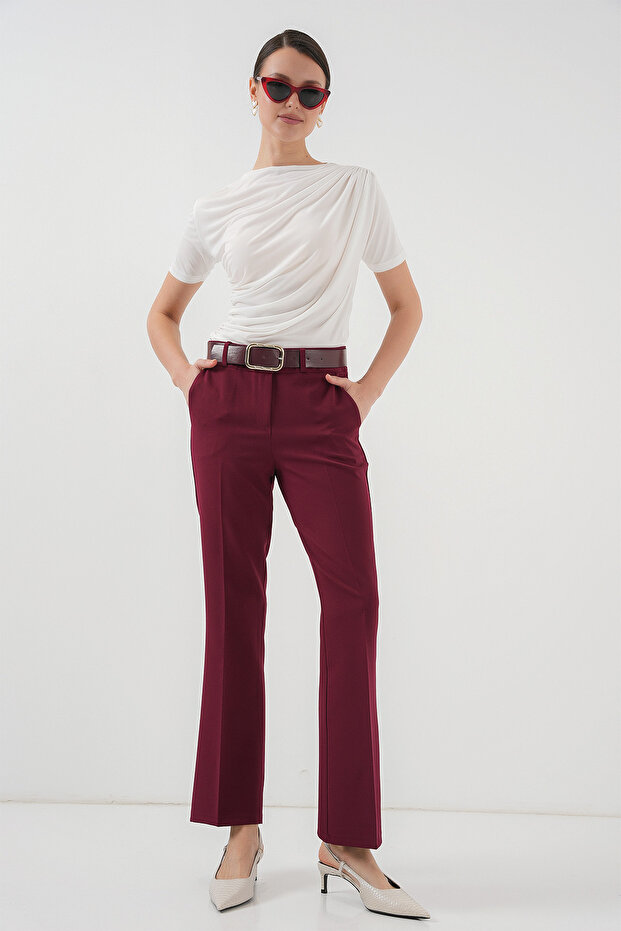 Women's Belted Wide Leg Trousers Burgundy 1258