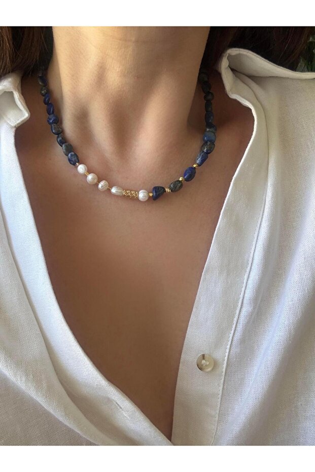 Lapis Lazuli Taşı - İnci Mix Kolye - 2