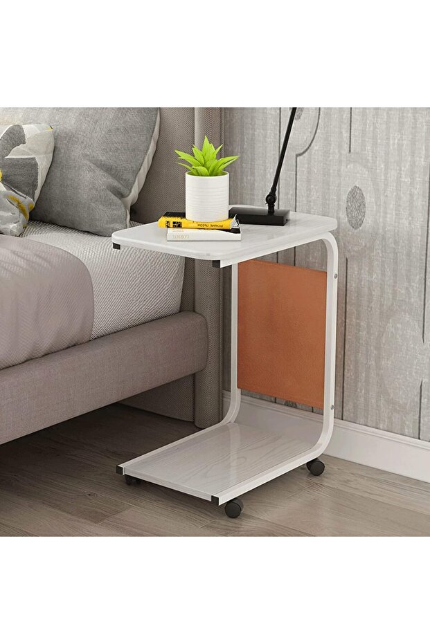 Rolling Side Table C Shaped End Table, Heavy Duty Mobile Table with Side Pocket and Wheels Over Bed