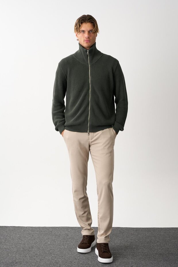 Erkek Regular Fit Selanik Örgü Pamuklu Fermuarlı Haki Triko Hırka - 4