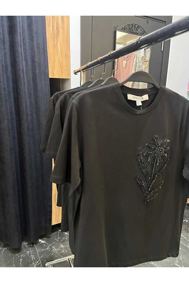 boncuk işlemeli tshirt siyah - 3