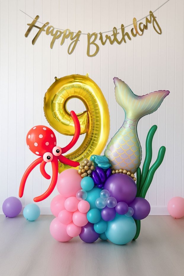 9 Year Old Girl's Birthday Mermaid Balloon Bouquet Mermaid Theme Gold Number Balloon Chain Concept