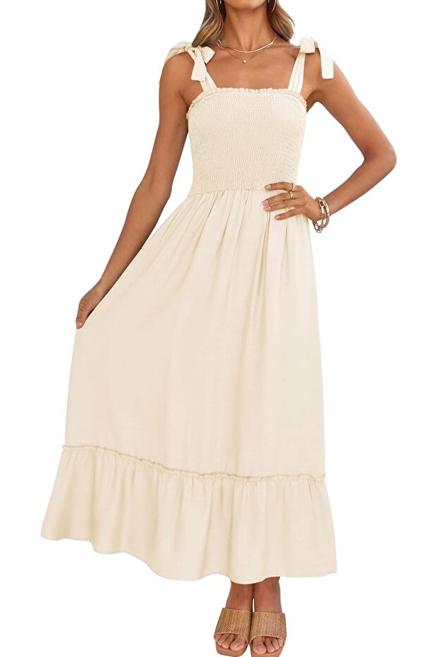Women's 2025 Summer Boho Spaghetti Strap Square Neck Solid Color Ruffle A Line Beach Long Dress -L