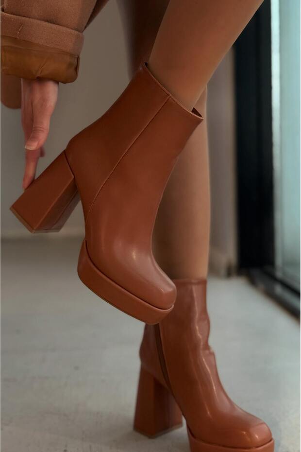 Rivoks Mat Deri Platform Topuklu Bot Taba - 1