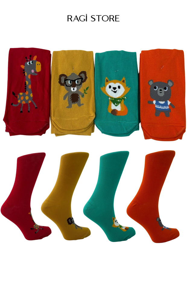 4-Piece Animal Figured Colorful Women's Combed Cotton Socks