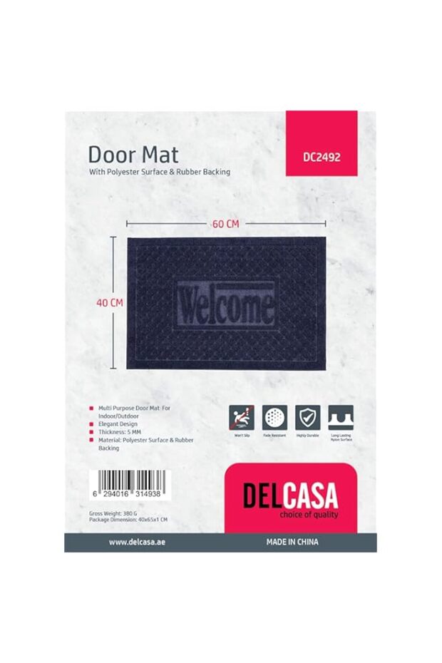 Delcasa DC2492 Door Mat with Polyester Surface and Rubber Backing, 40 cm Width x 60 cm Length, Blue