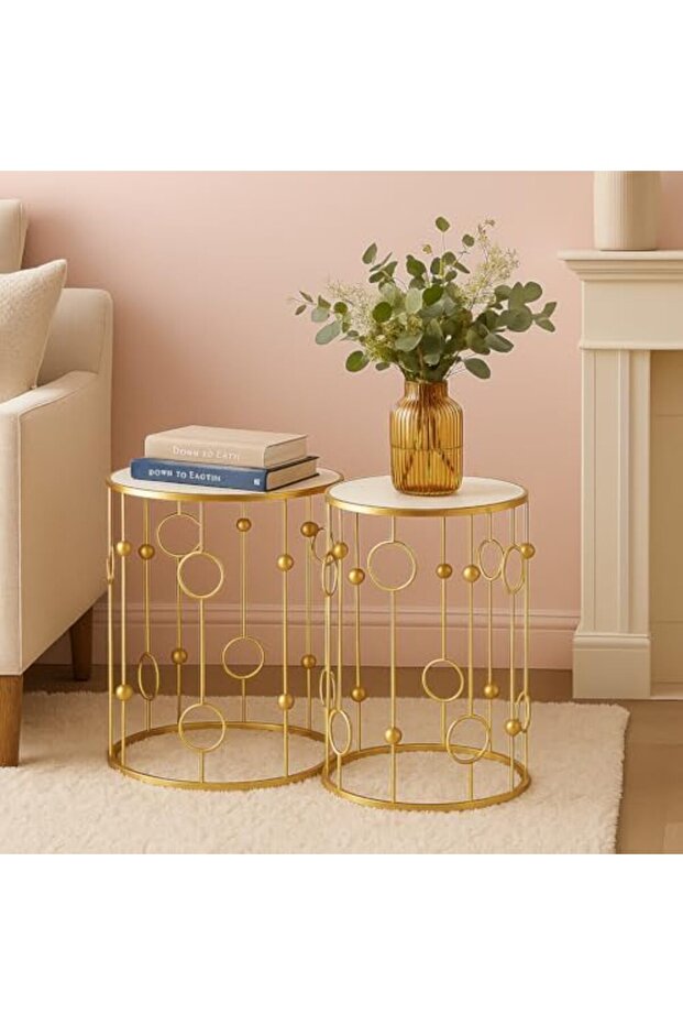 FFD Gold Mirrored Nesting Side Tables Set of 2 – Geometric Metal Frame Accent Coffee Table - 5