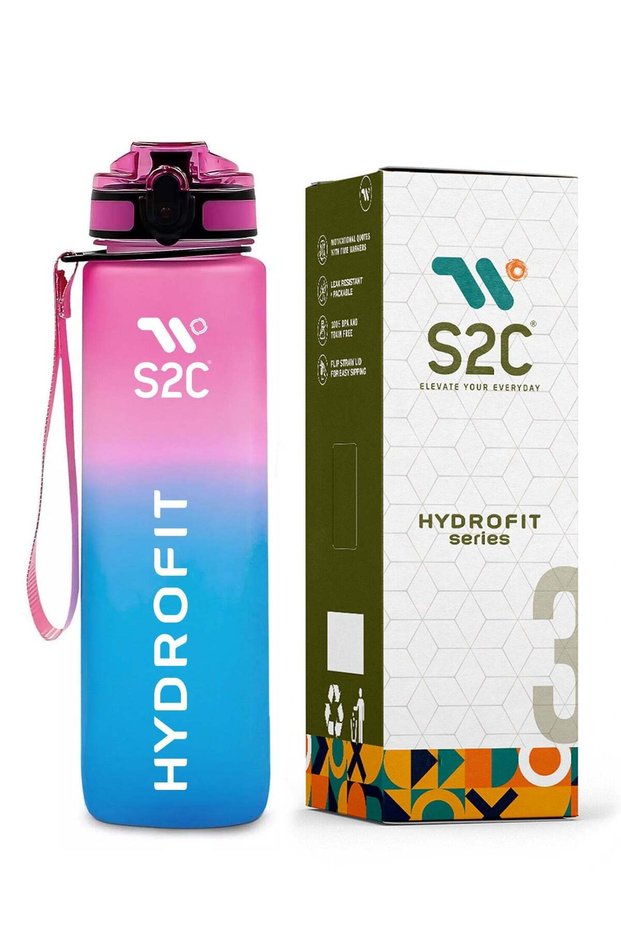 S2C™ Motivational Large Water Bottle 1L Tritan Plastic Water Bottle With Time Markers, Leak Proof Water Bottle For Kids, School Water Bottles Plastic Water Bottle Gym Bottle (BLUE-PINK)