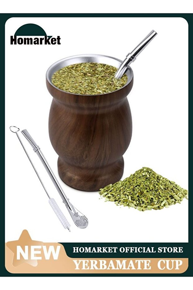 Yerba Mate Tea Cup, Stainless Steel Double Walled Easy Wash Household Insulation Cup, Mate Gourds for Yerba Mate Loose Leaf Drinking with Bombilla Straw, Wood Grain Color, 230ML