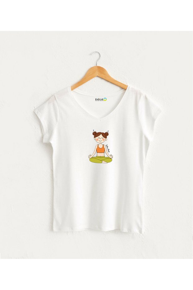 Yoga Lotus Pose Line Figure Visual Women's V-Neck 100% Cotton Design T-Shirt