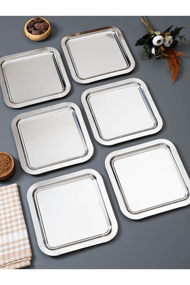 Set of 6 Square Shiny Metal Presentation Trays – Coffee Side Turkish Delight/Cookie/Treat Serving Plate