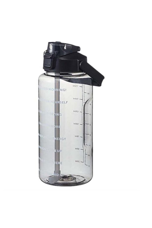 Plastic Water Bottle with Straw, 64 oz/2 L Large Water Bottle with Time Marker to Drink Leakproof Reusable Motivational Water Jug for Sports Gym Fitness Outdoor Black
