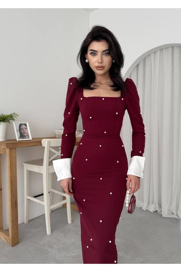 Burgundy Square Neck Pearl Sleeve Detailed Long Dress