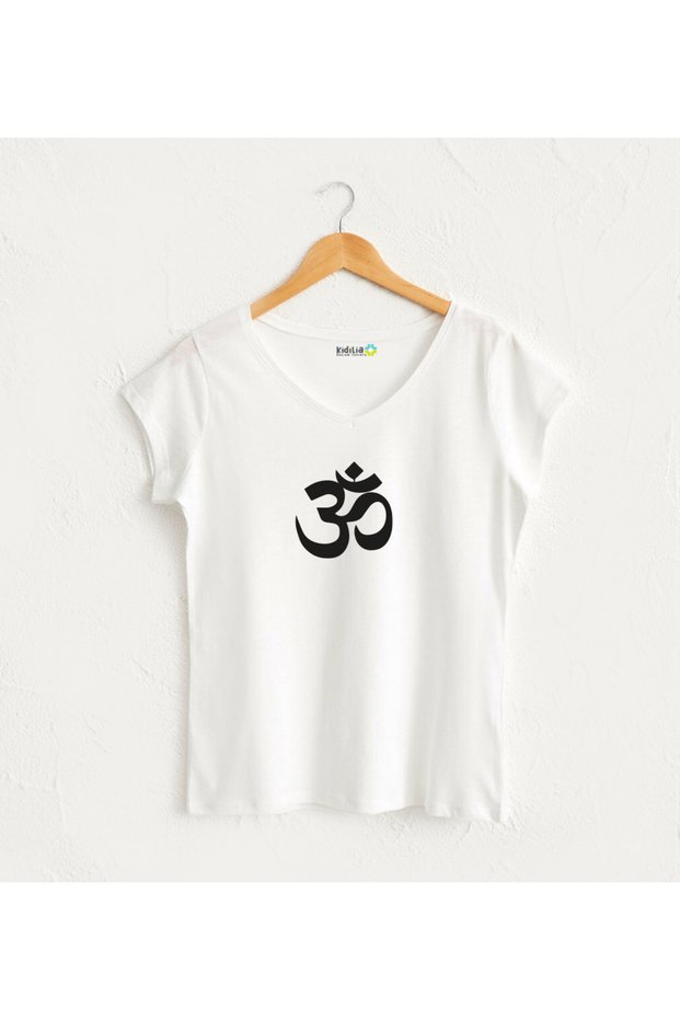 Women's V-Neck 100% Cotton Yoga Design T-Shirt with Om Symbol Image